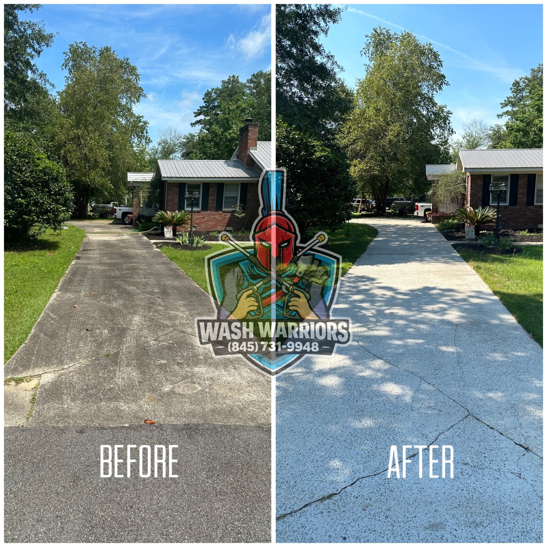 Driveway before and after pressure washing